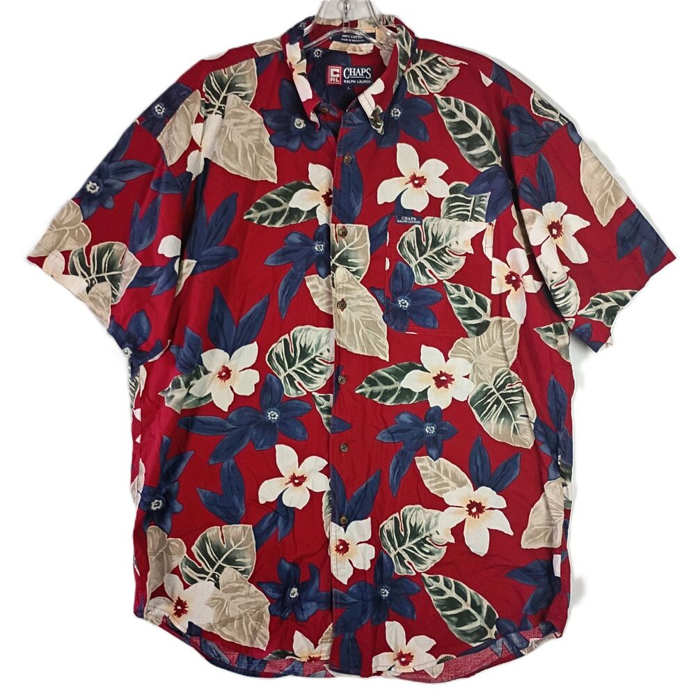 Chaps Ralph Lauren Mens Size L Shirt Hawaiian Red Floral Short Sleeve Button Up